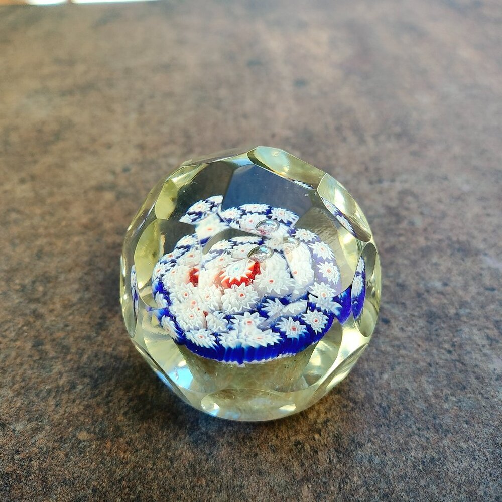 Murano Faceted Millefiori Small Paperweight Blue, White, and Red